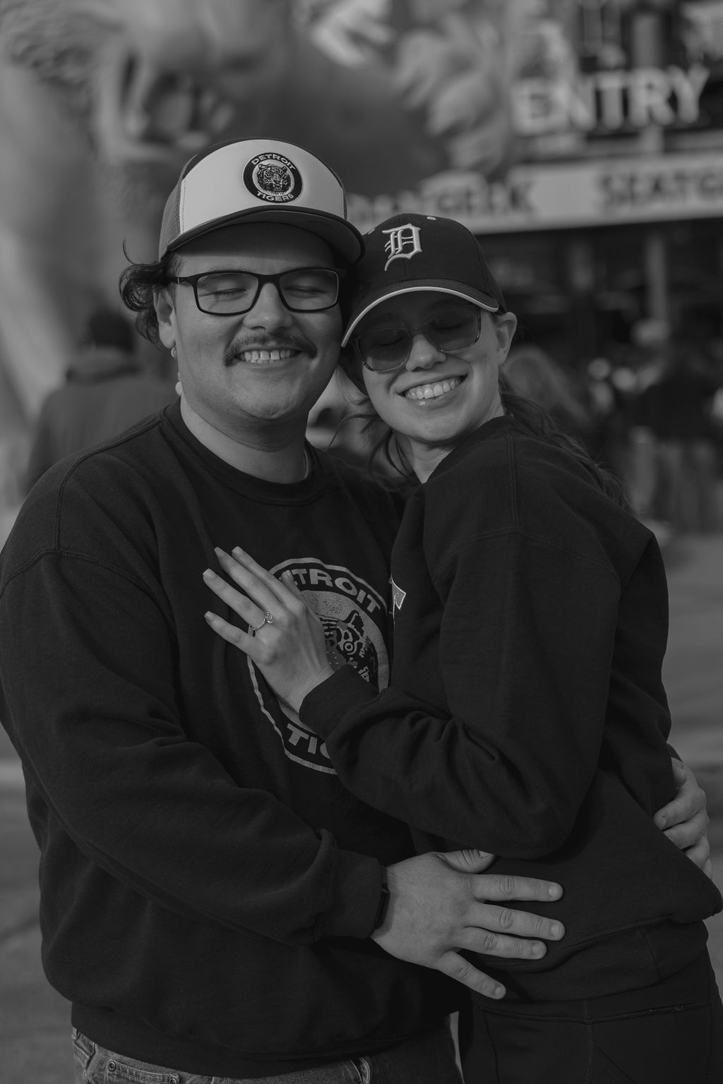 Leaning black and white photo